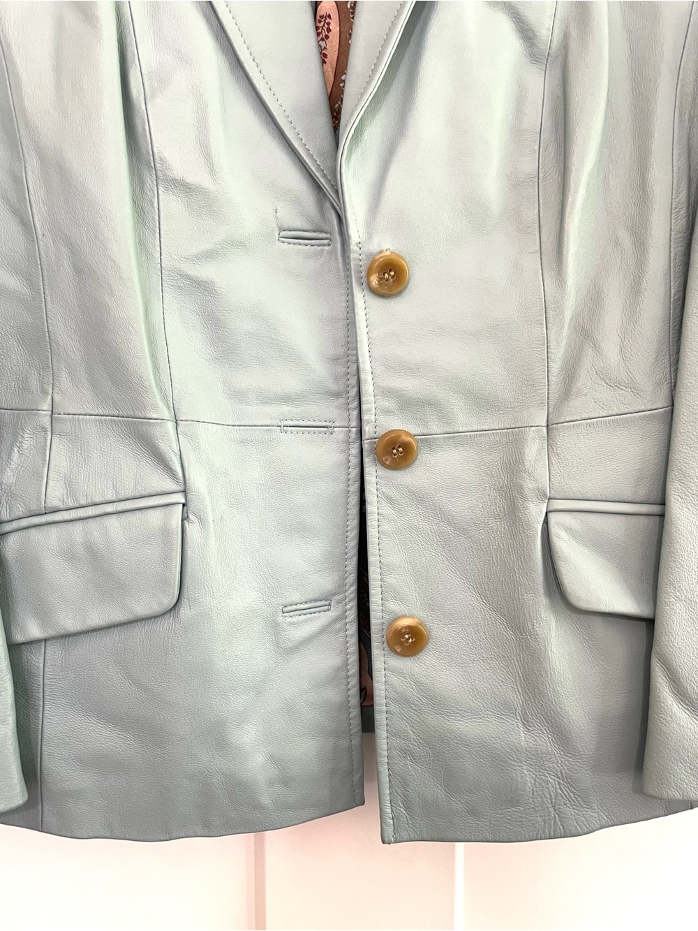 Vintage Terry Lewis Powder Seafoam Blue 100% Leather Blazer Tailored Jacket PXS - Picture 5 of 11